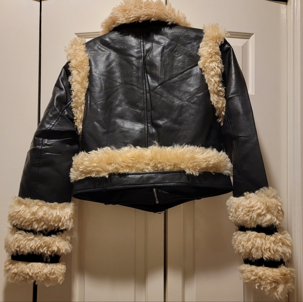 Black Leather Ski Jacket with Cream Shearling Trim - Picture 4 of 4